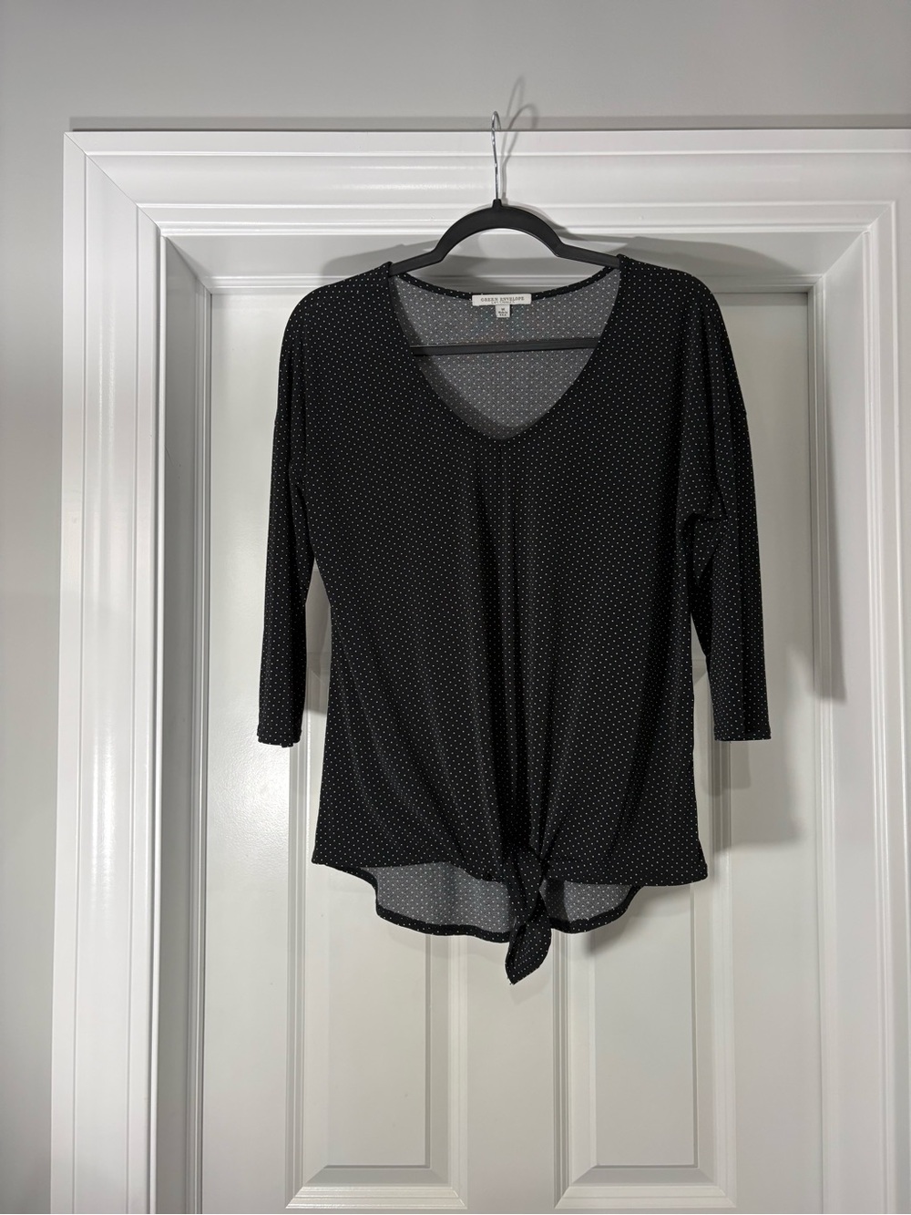 Green Envelope Black Polka Dot Tie-Front Long Sleeve Top